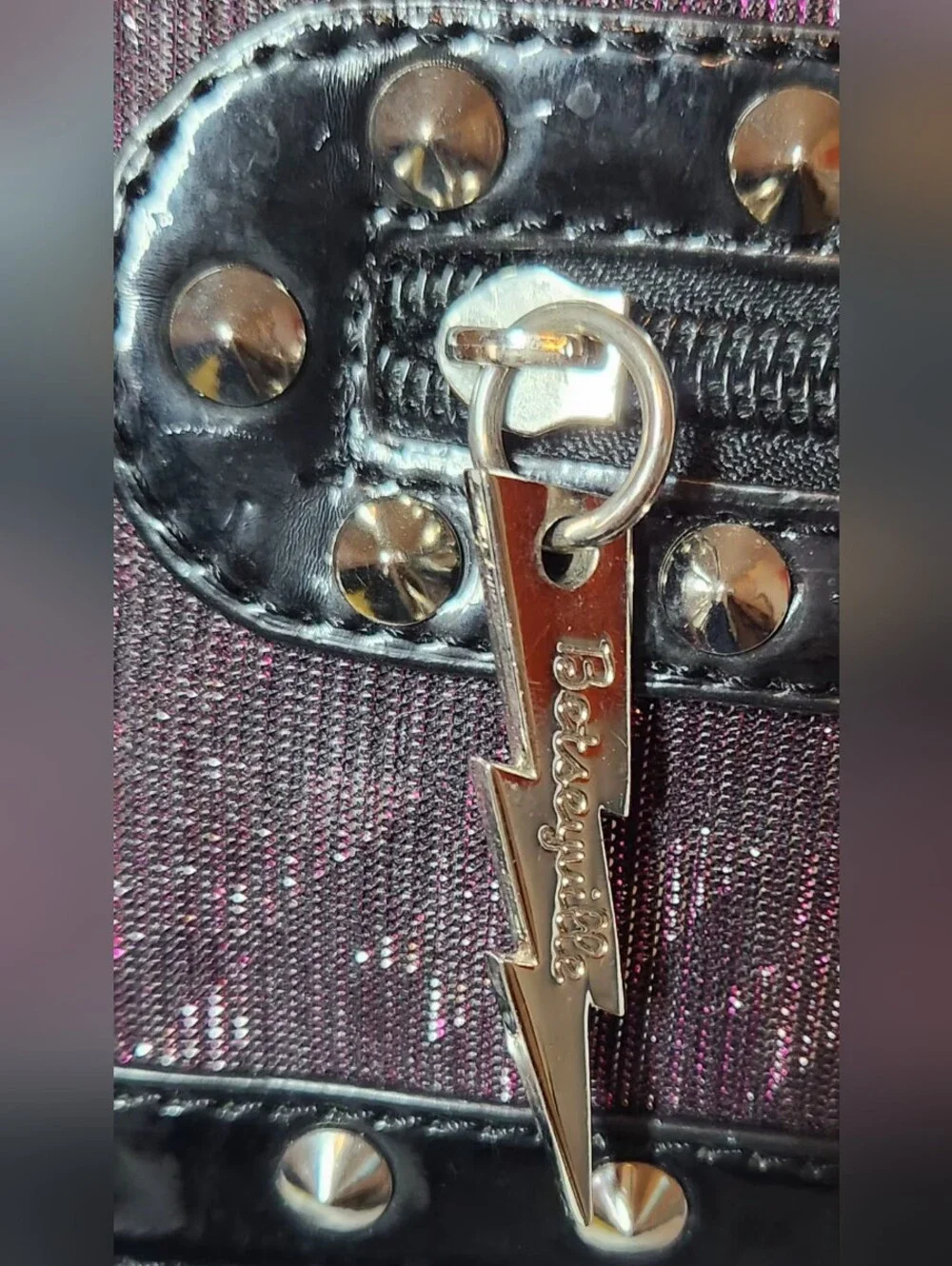 Y2K Betseyville Crossbody Chain Purse Metal Studs Rocker Purple Pink Shimmer